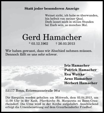 Traueranzeigen Von Gerd Hamacher Ga Trauer De