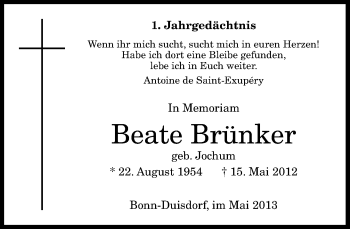 Anzeige von Beate Brünker von General-Anzeiger Bonn