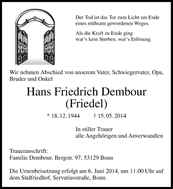 Anzeige von Hans Friedrich Dembour von General-Anzeiger Bonn