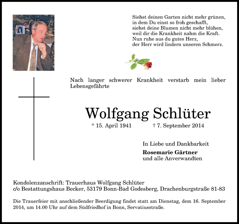 Traueranzeigen Von Wolfgang Schl Ter Ga Trauer De