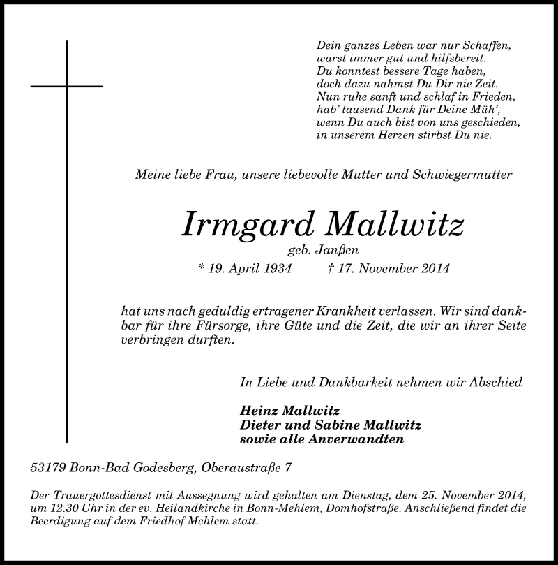 Traueranzeigen Von Irmgard Mallwitz GA Trauer De