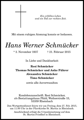 Traueranzeigen von Hans Werner Schmücker GA Trauer de