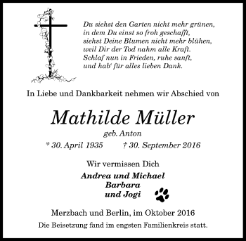 Traueranzeigen Von Mathilde M Ller Ga Trauer De