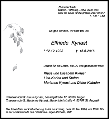Anzeige von Elfriede Kynast von General-Anzeiger Bonn