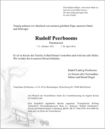 Anzeige von Rudolf Peerbooms von General-Anzeiger Bonn