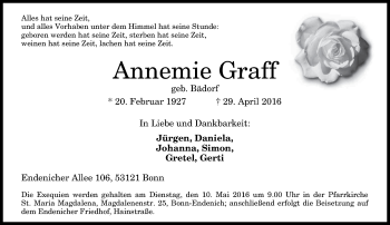 Anzeige von Annemie Graff von General-Anzeiger Bonn