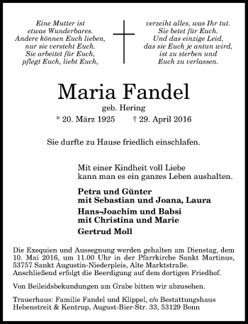 Anzeige von Maria Fandel von General-Anzeiger Bonn