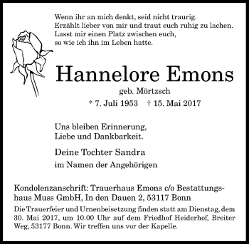 Anzeige von Hannelore Emons von General-Anzeiger Bonn
