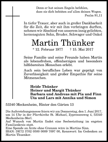 Anzeige von Martin Thünker von General-Anzeiger Bonn