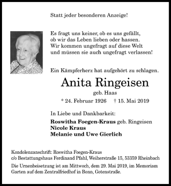 Anzeige von Anita Ringeisen von General-Anzeiger Bonn