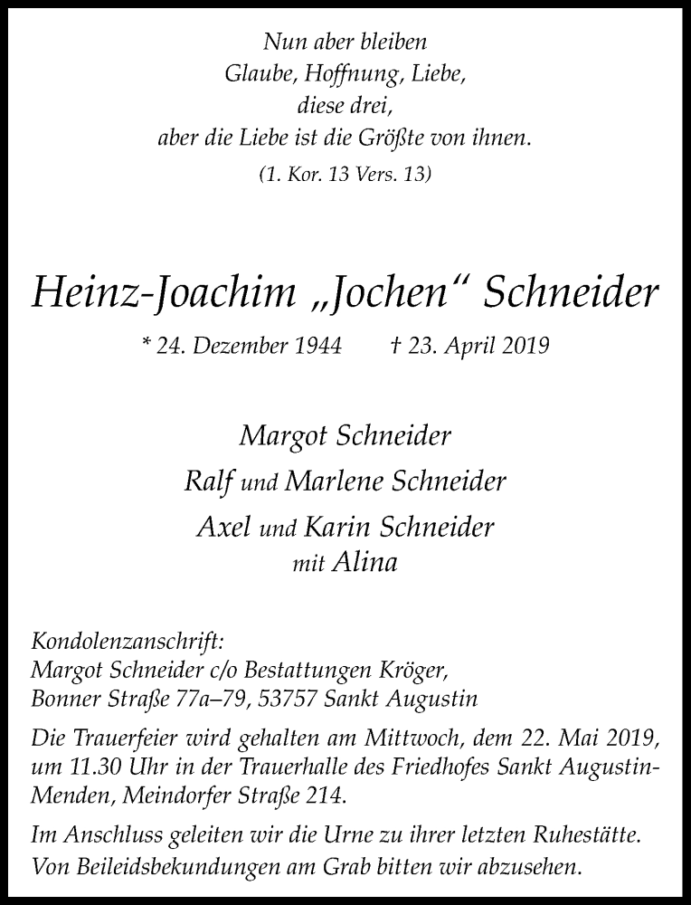 Traueranzeigen Von Heinz Joachim Schneider GA Trauer De