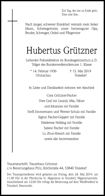 Anzeige von Hubertus Grützner von General-Anzeiger Bonn