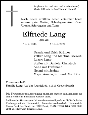 Anzeige von Elfriede Lang von General-Anzeiger Bonn