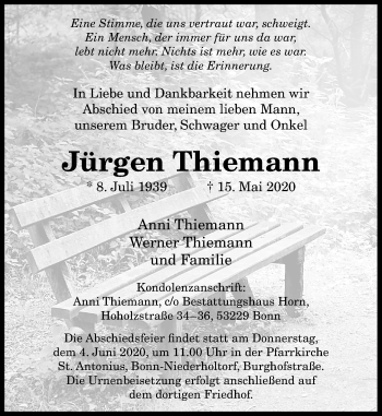 Anzeige von Jürgen Thiemann von General-Anzeiger Bonn