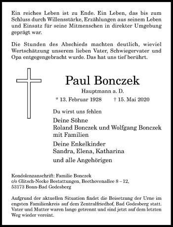 Anzeige von Paul Bonczek von General-Anzeiger Bonn