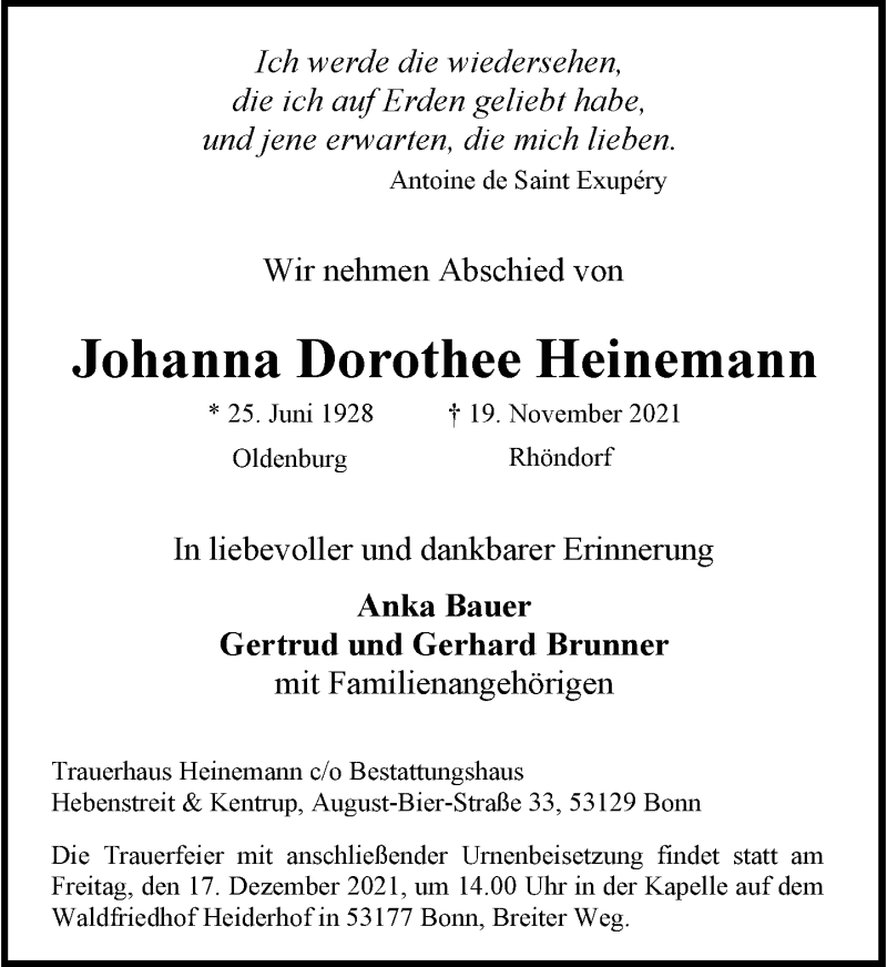 Traueranzeigen Von Johanna Heinemann GA Trauer De