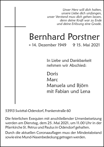 Anzeige von Bernhard Porstner von General-Anzeiger Bonn