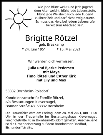 Anzeige von Brigitte Rötzel von General-Anzeiger Bonn