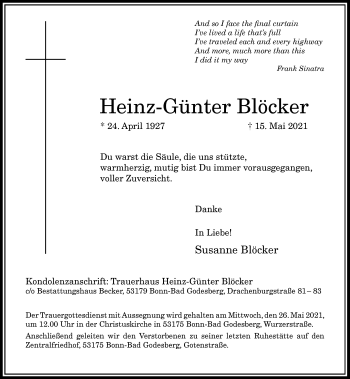 Anzeige von Heinz-Günter Blöcker von General-Anzeiger Bonn