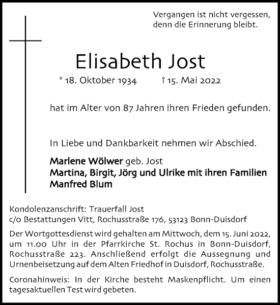 Anzeige von Elisabeth Jost von General-Anzeiger Bonn