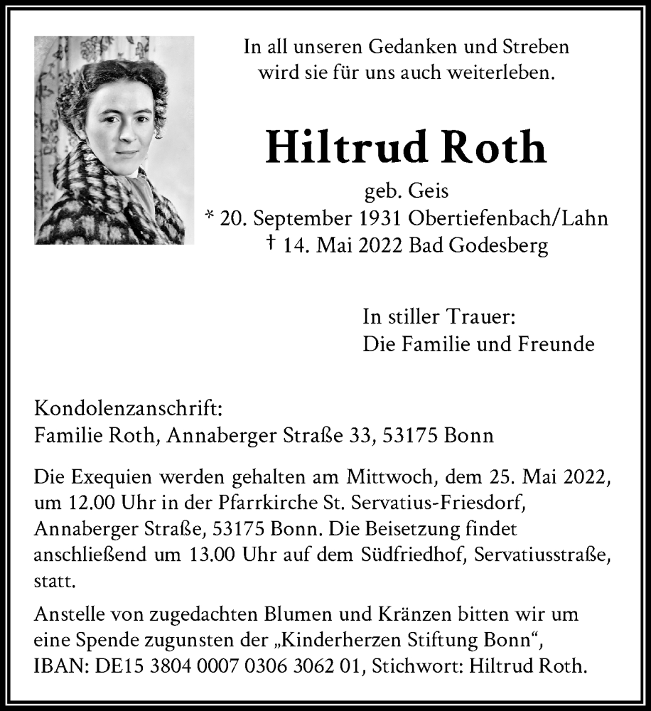 Traueranzeigen Von Hiltrud Roth GA Trauer De