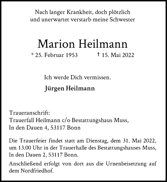 Anzeige von Marion Heilmann von General-Anzeiger Bonn