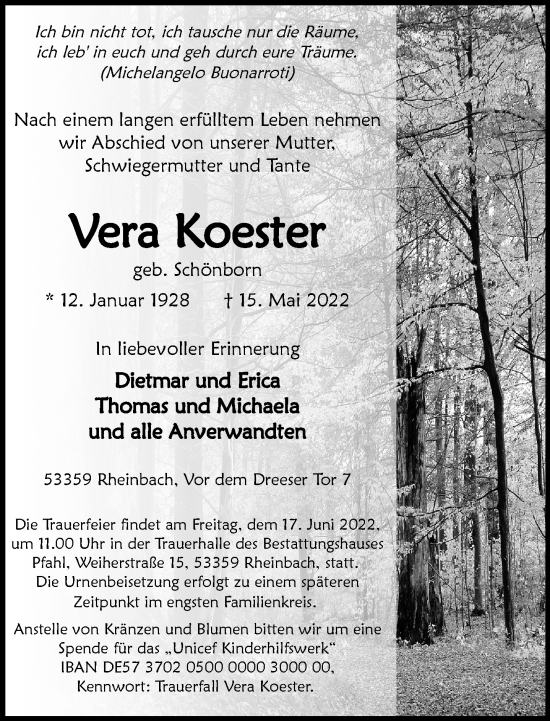 Anzeige von Vera Koester von General-Anzeiger Bonn