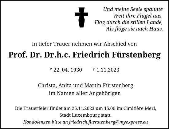 Traueranzeigen Von Friedrich F Rstenberg Ga Trauer De