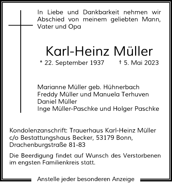 Traueranzeigen von Karl Heinz Müller GA Trauer de