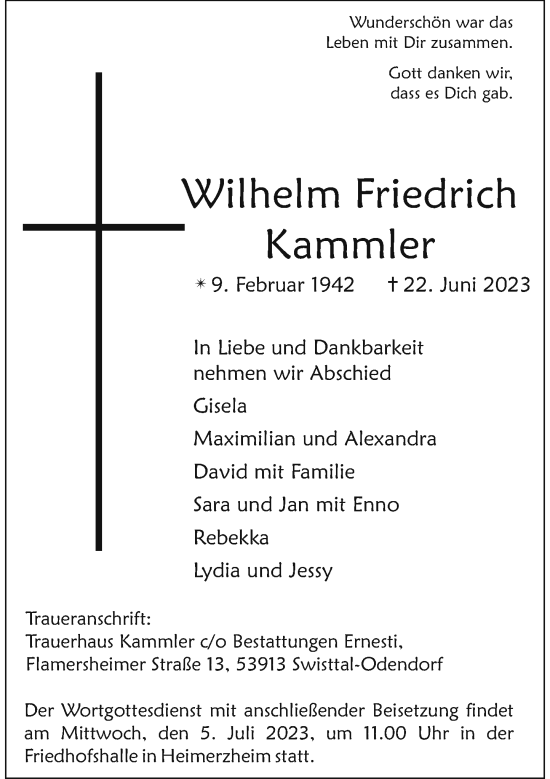 Traueranzeigen Von Wilhelm Friedrich Kammler GA Trauer De