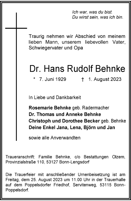 Traueranzeigen Von Hans Rudolf Behnke GA Trauer De