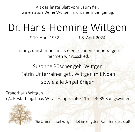 Anzeige von Hans-Henning Wittgen von General-Anzeiger Bonn
