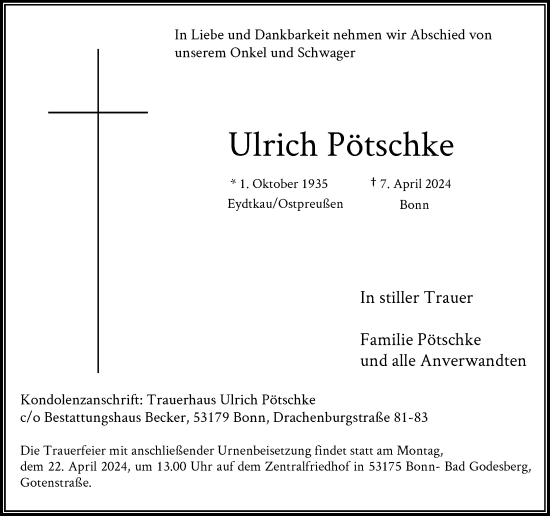 Anzeige von Ulrich Pötschke von General-Anzeiger Bonn