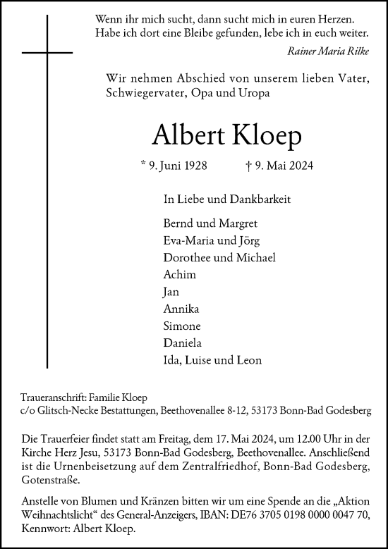 Anzeige von Albert Kloep von General-Anzeiger Bonn
