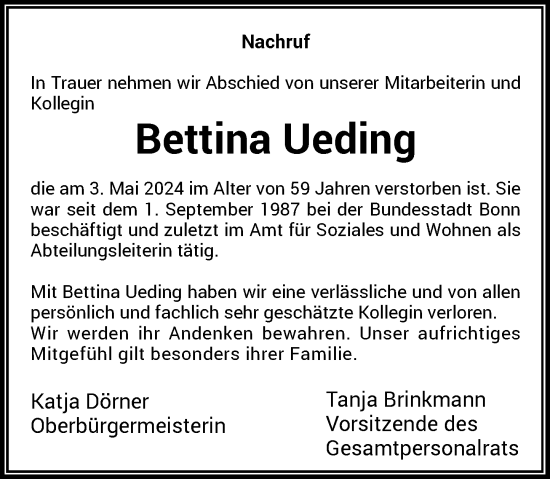 Anzeige von Bettina Ueding von General-Anzeiger Bonn