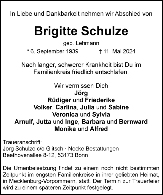 Anzeige von Brigitte Schulze von General-Anzeiger Bonn