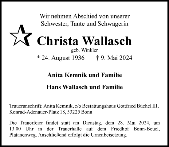 Anzeige von Christa Wallasch von General-Anzeiger Bonn
