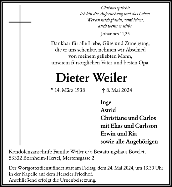 Anzeige von Dieter Weiler von General-Anzeiger Bonn