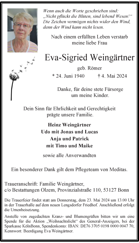 Anzeige von Eva-Sigried Weingärtner von General-Anzeiger Bonn