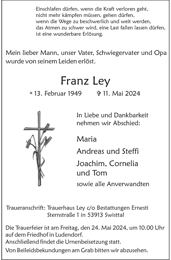 Anzeige von Franz Ley von General-Anzeiger Bonn