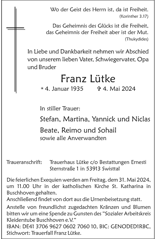 Anzeige von Franz Lütke von General-Anzeiger Bonn