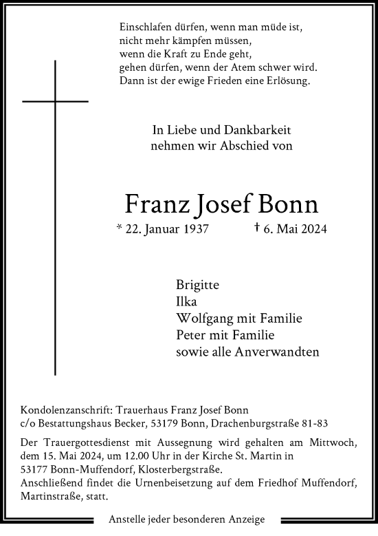 Anzeige von Franz Josef Bonn von General-Anzeiger Bonn
