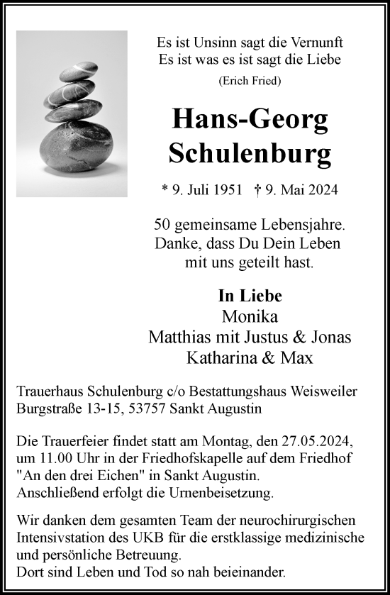 Anzeige von Hans-Georg Schulenburg von General-Anzeiger Bonn