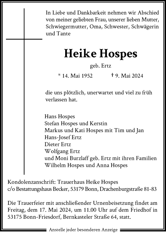 Anzeige von Heike Hospes von General-Anzeiger Bonn