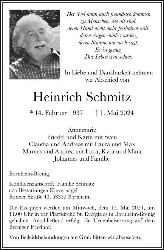 Anzeige von Heinrich Schmitz von General-Anzeiger Bonn