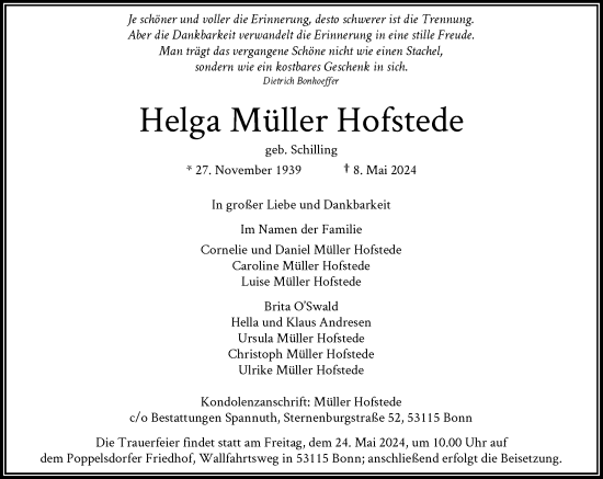 Anzeige von Helga Müller Hofstede von General-Anzeiger Bonn