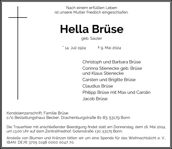 Anzeige von Hella Brüse von General-Anzeiger Bonn