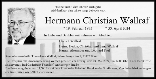 Anzeige von Hermann Christian Wallraf von General-Anzeiger Bonn