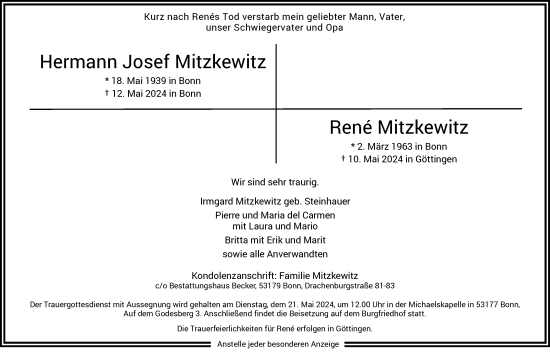 Anzeige von Hermann Josef Mitzkewitz von General-Anzeiger Bonn