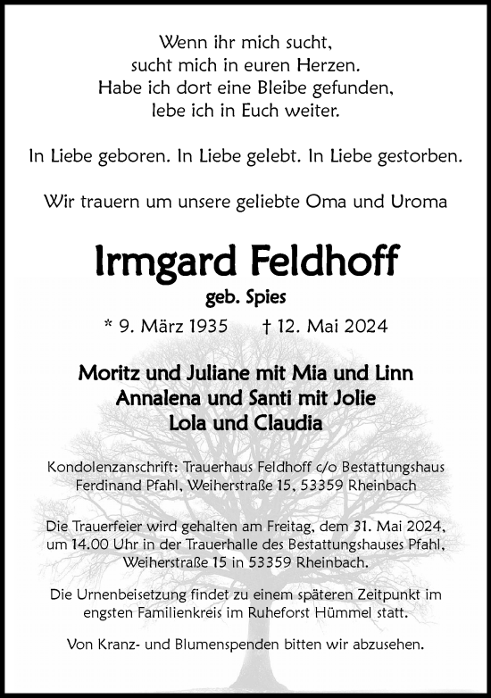 Anzeige von Irmgard Feldhoff von General-Anzeiger Bonn